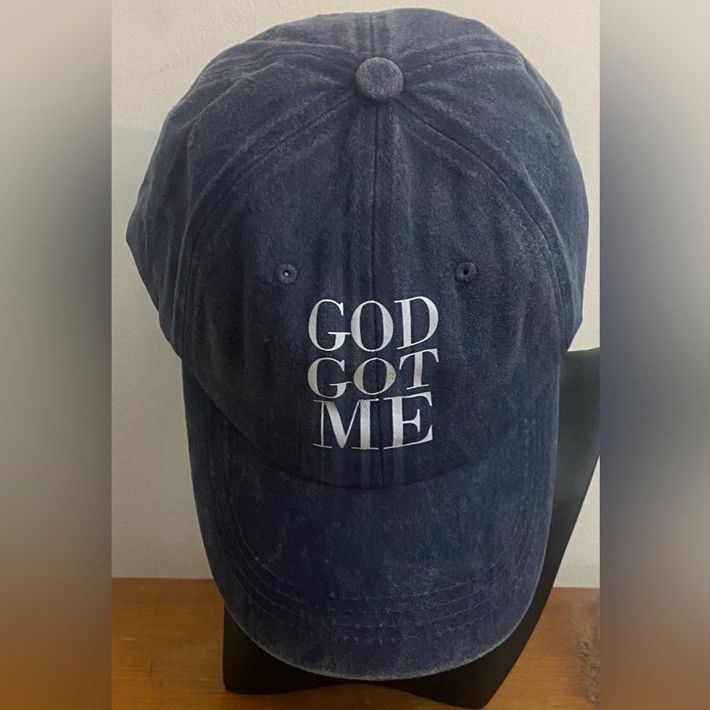 🙌🏽 ✨3 for $30 GOD GOT ME. Washed Denim Graphic Hat. Color: Blue/Black/ White - Picture 5 of 6